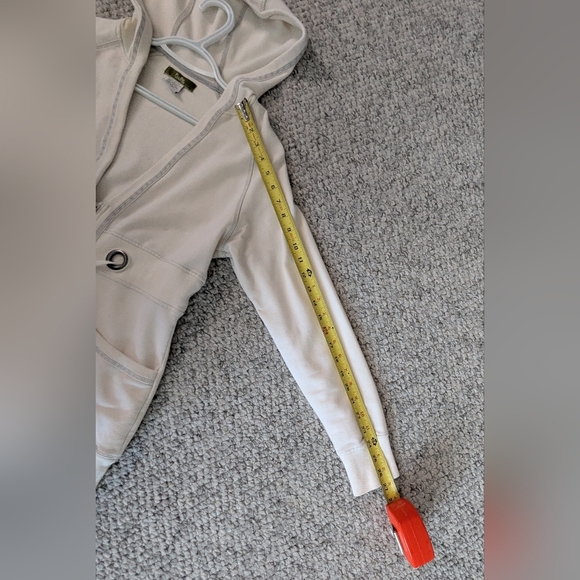Women's (Size M) Long Off-White Zip-Up Hoodie/Jacket With Grey Trim & Drawstring - Picture 14 of 16